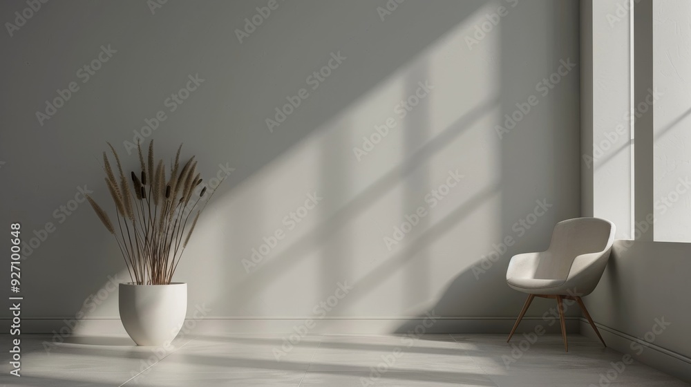 A white room with a single chair positioned in the corner. The room has large windows that let in natural light. A white pot with dried grass sits on the floor. The walls are white and the floor is wh A white room with a single chair positioned in the corner. The room has large windows that let in natural light. A white pot with dried grass sits on the floor. The walls are white and the floor is wh