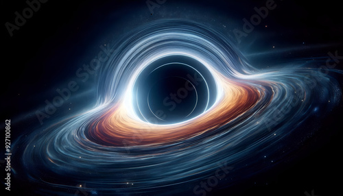 Black hole with singularity in dark space  with an accretion disk may look like based on modern understanding. Abstract cosmic explosion in galaxy with vortex circle light effect,wormhole background. photo