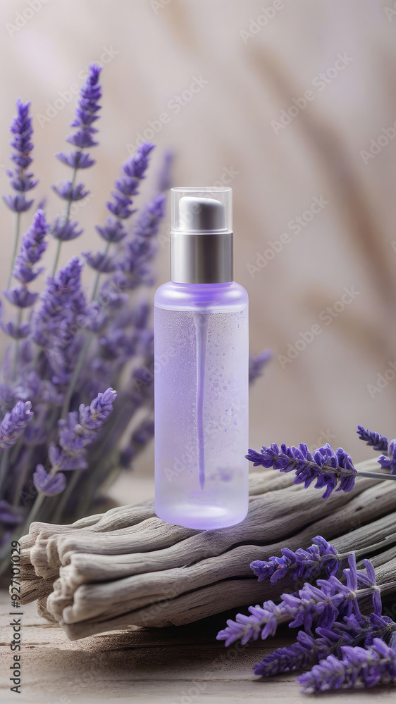 Mock up the collagen hydrating serum or any beauty product in glass bottle from natural ingredients standing on driftwood surrounded lavender blossoms. Mock up the collagen hydrating serum or any beauty product in glass bottle from natural ingredients standing on driftwood surrounded lavender blossoms.