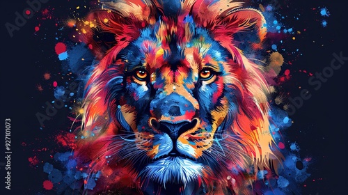 The dark background contrasts sharply with the vibrant lion head, which is enhanced by colorful paint splatters for a dramatic visual impact.