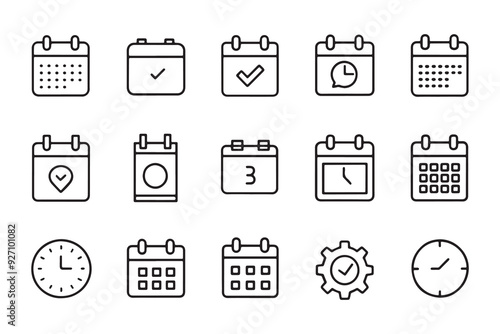 Time, date and address related , black 15 pcs icons set isolated on white background flat vector illustration