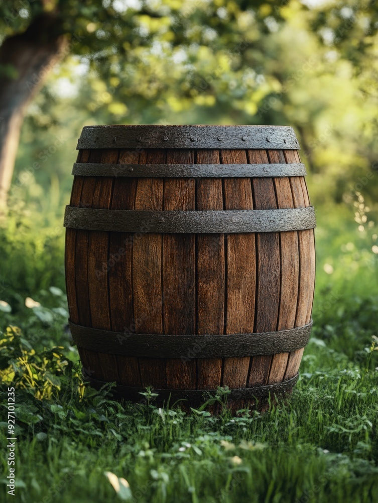 Wooden barrel on green field Wooden barrel on green field