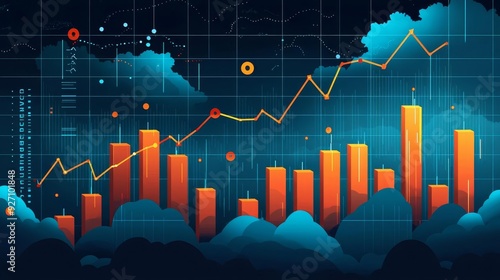 Recession forecast, stormy economic outlook with declining charts, flat design illustration