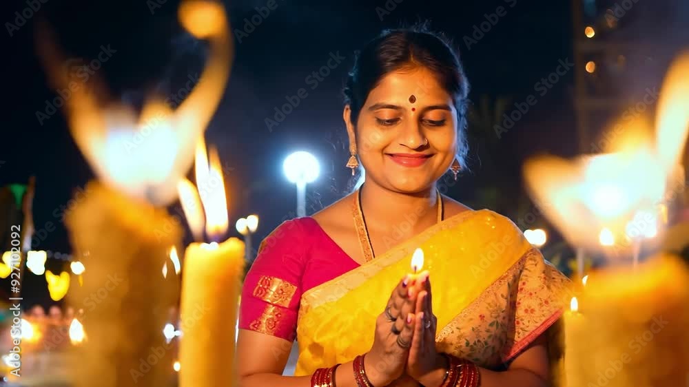 Indian woman praying holding a candle at night surrounded by flames Indian woman praying holding a candle at night surrounded by flames