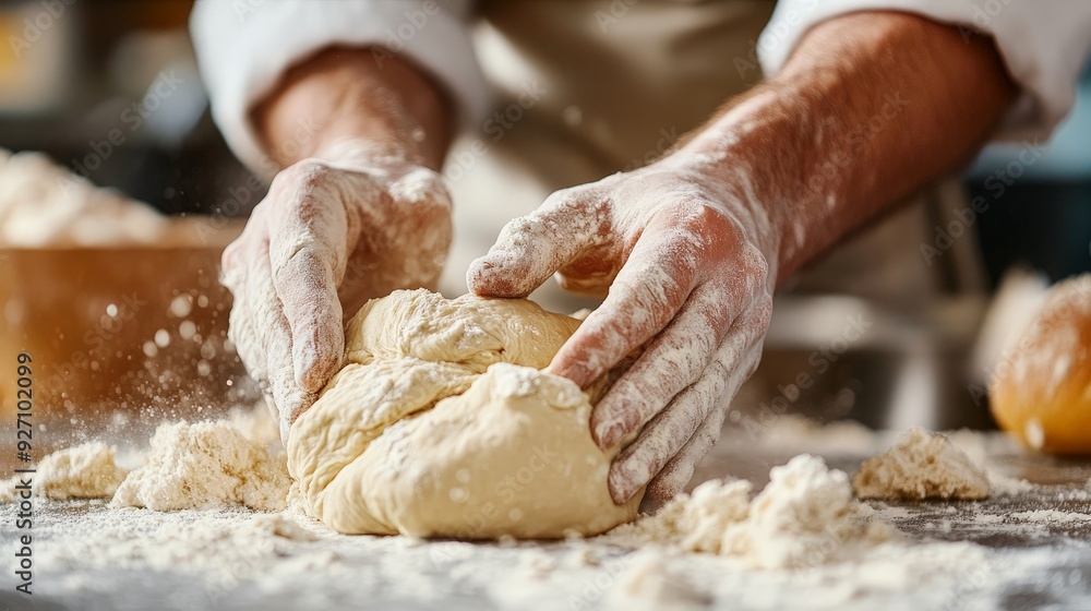 Fototapeta premium Baker Kneading Dough on Flour-Dusted Surface