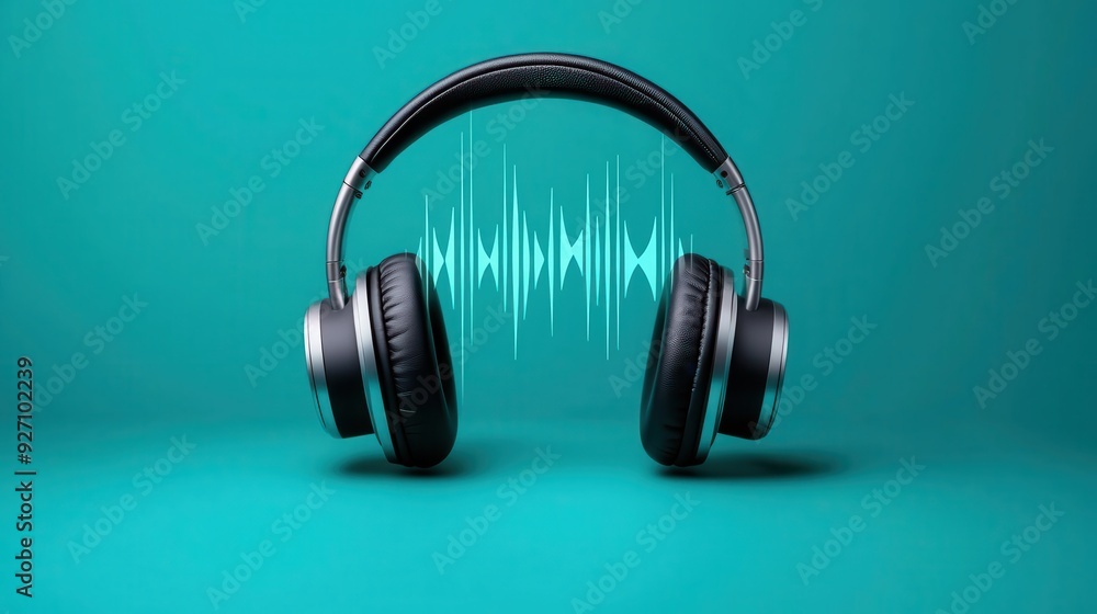 Stylish black headphones with sound waves on a vibrant turquoise background, perfect for music and audio enthusiasts. Stylish black headphones with sound waves on a vibrant turquoise background, perfect for music and audio enthusiasts.