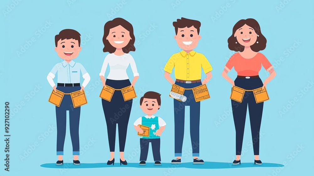 Obraz premium Recession survival, family budgeting with tightened belts, flat design illustration