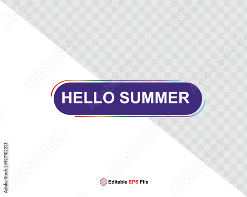 Hello summer button, sun and sale. Vector minimalistic illustration of sun rays, swimming pool with sun lounger and umbrella and tropical palm leaf, orange and sea beach with sand for background