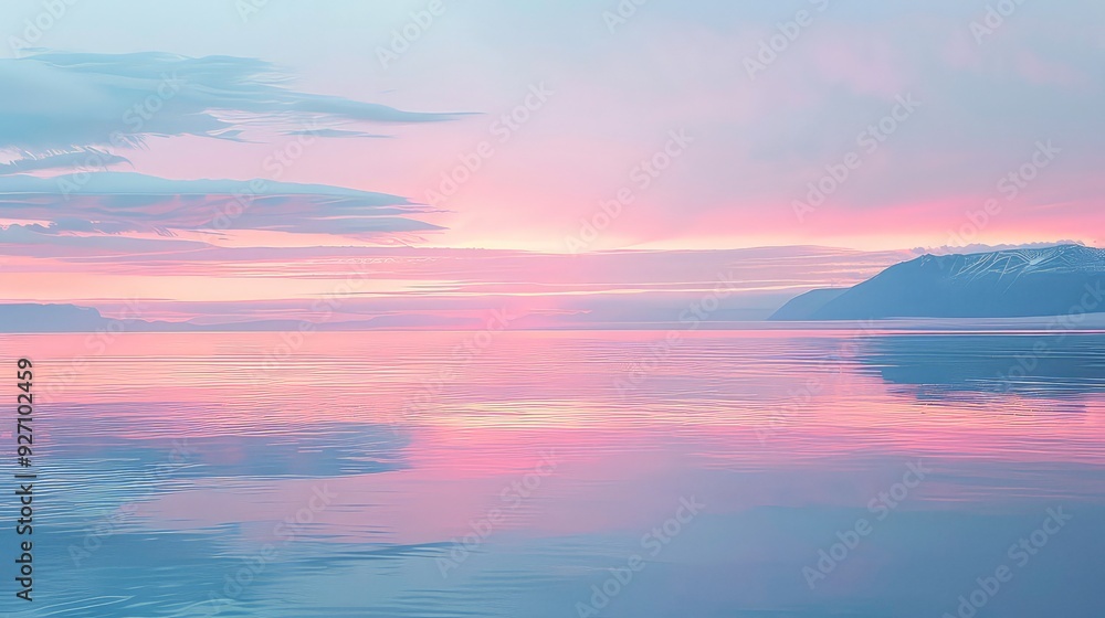 A serene landscape with a mountain range silhouetted against a sky with soft, pink and purple clouds, reflecting on a still body of water. A serene landscape with a mountain range silhouetted against a sky with soft, pink and purple clouds, reflecting on a still body of water.
