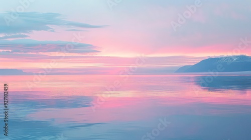 A serene landscape with a mountain range silhouetted against a sky with soft, pink and purple clouds, reflecting on a still body of water.