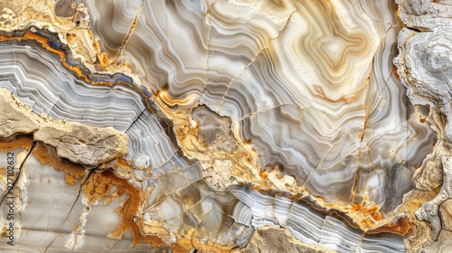 A close-up image reveals the intricate patterns and colors within a piece of agatized wood. The fossilized wood displays a swirling mix of white, grey, brown, and orange hues, creating a unique and be photo