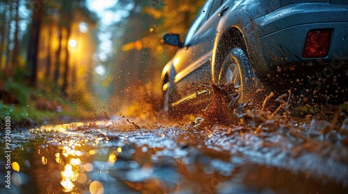 Driving through a puddle, the car sends up a splash of water. photo