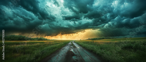 View sky full of dark storm clouds with heavy storm and rain on road photo