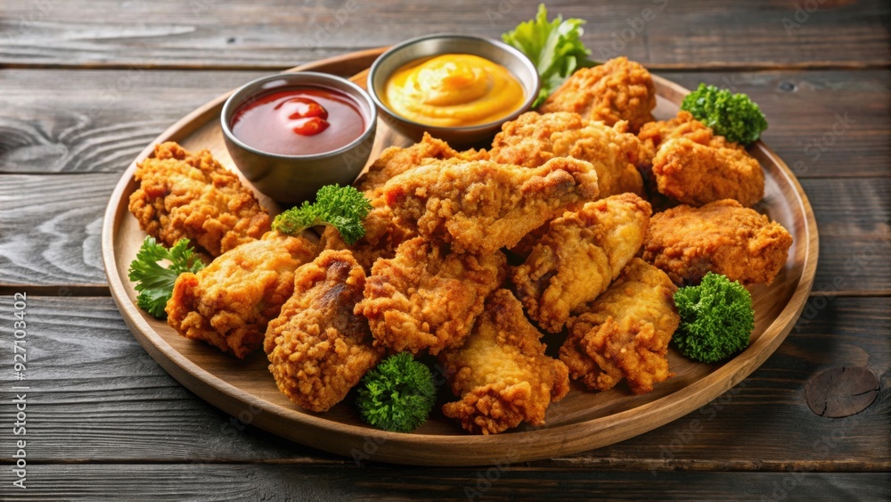 Fried chicken platter with crispy pieces, sides, and dipping sauce, fried chicken, platter, crispy, savory, delicious Fried chicken platter with crispy pieces, sides, and dipping sauce, fried chicken, platter, crispy, savory, delicious