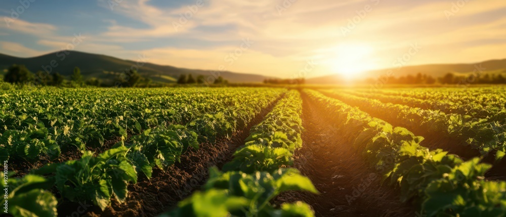 Beautiful sunset over a lush green farm field with rows of crops, under a clear sky, symbolizing nature and agriculture in a tranquil setting. Beautiful sunset over a lush green farm field with rows of crops, under a clear sky, symbolizing nature and agriculture in a tranquil setting.