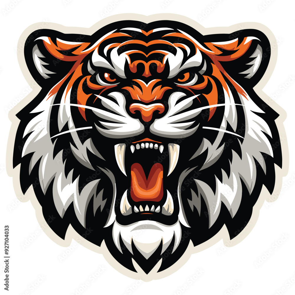 Roaring tiger head illustration in bold colors, fierce and intense, animal logo or mascot design Roaring tiger head illustration in bold colors, fierce and intense, animal logo or mascot design