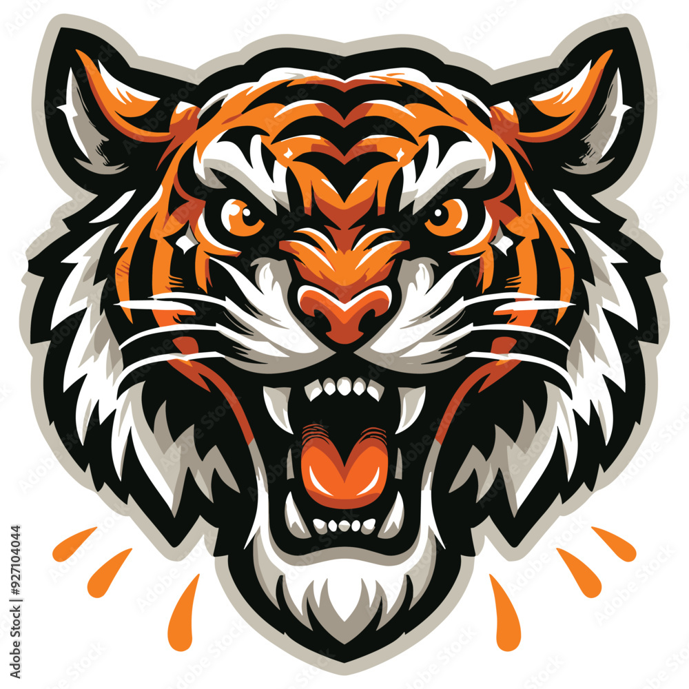 Fierce roaring tiger illustration, orange white black, perfect for sports mascots or logos Fierce roaring tiger illustration, orange white black, perfect for sports mascots or logos