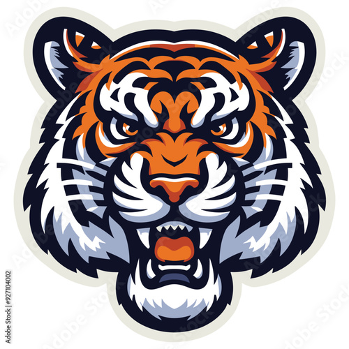 Stylized angry tiger head illustration in orange, black, and white colors, logo design