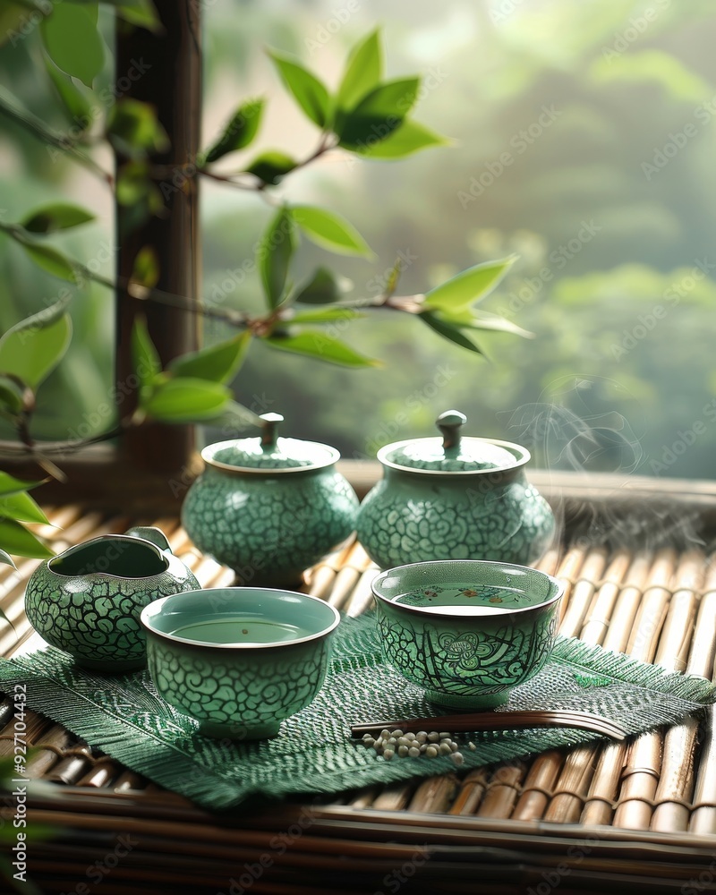Elegant green teacups and teapots on bamboo mat surrounded by lush foliage, perfect for tranquil tea moments. Elegant green teacups and teapots on bamboo mat surrounded by lush foliage, perfect for tranquil tea moments.