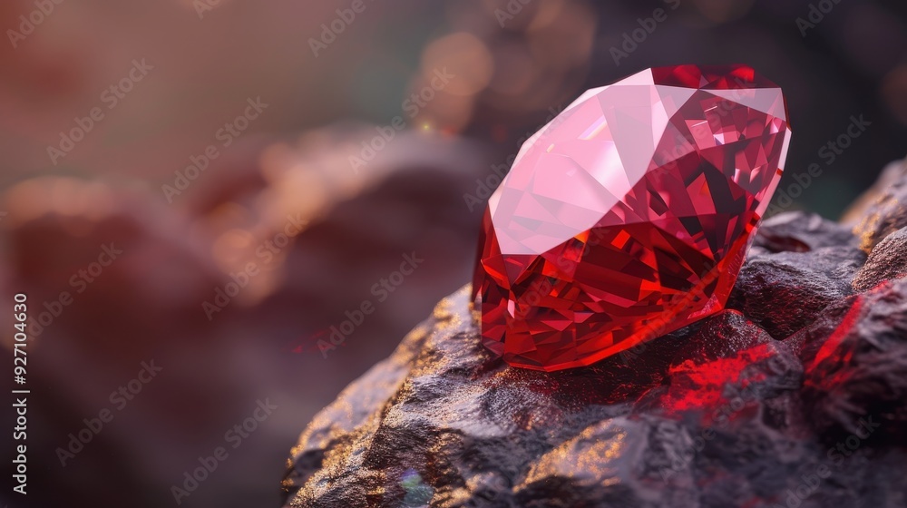 A large, polished, and faceted ruby gemstone with a deep red hue sits on a piece of rough rock. The background is out of focus, and the light catches the many facets of the gemstone, making it sparkle A large, polished, and faceted ruby gemstone with a deep red hue sits on a piece of rough rock. The background is out of focus, and the light catches the many facets of the gemstone, making it sparkle