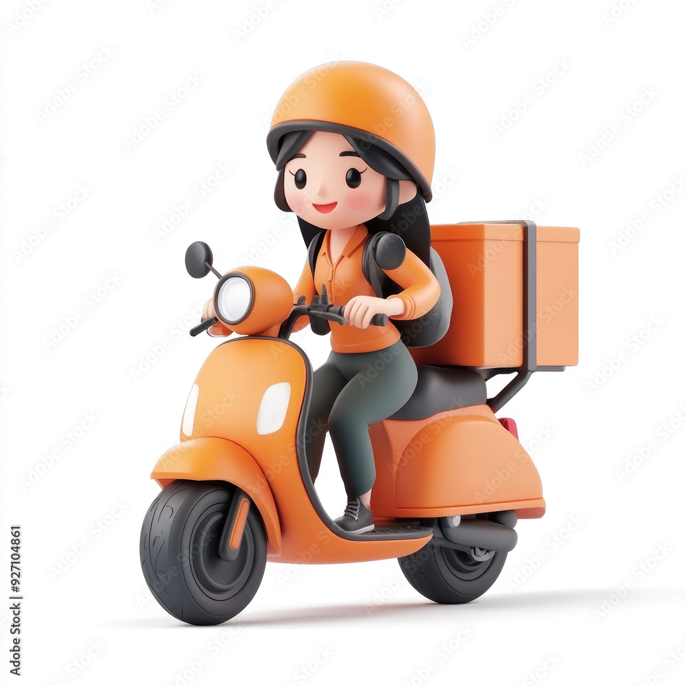 3D cartoon, a female courier with a delivery moto scooter. on a solid white background 3D cartoon, a female courier with a delivery moto scooter. on a solid white background