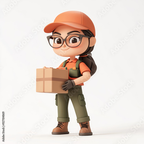 3D cartoon, a female courier with a delivery moto scooter. on a solid white background