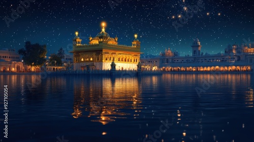 The Golden Temple shines brilliantly at night, illuminating the surrounding water and reflecting the stars above