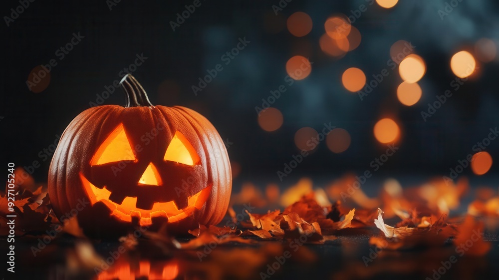 Glowing jack-o'-lantern amidst autumn leaves with blurred lights in the background, capturing the spooky Halloween ambiance. Glowing jack-o'-lantern amidst autumn leaves with blurred lights in the background, capturing the spooky Halloween ambiance.