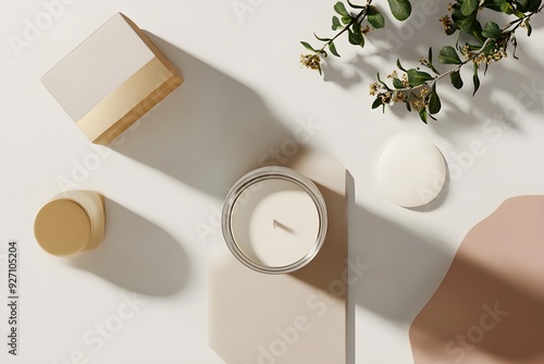 Realistic Candle Jar with Box Mockup on Flat Lay Setting photo