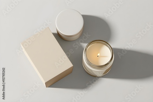 Realistic Candle Jar with Box Mockup on Flat Lay Setting