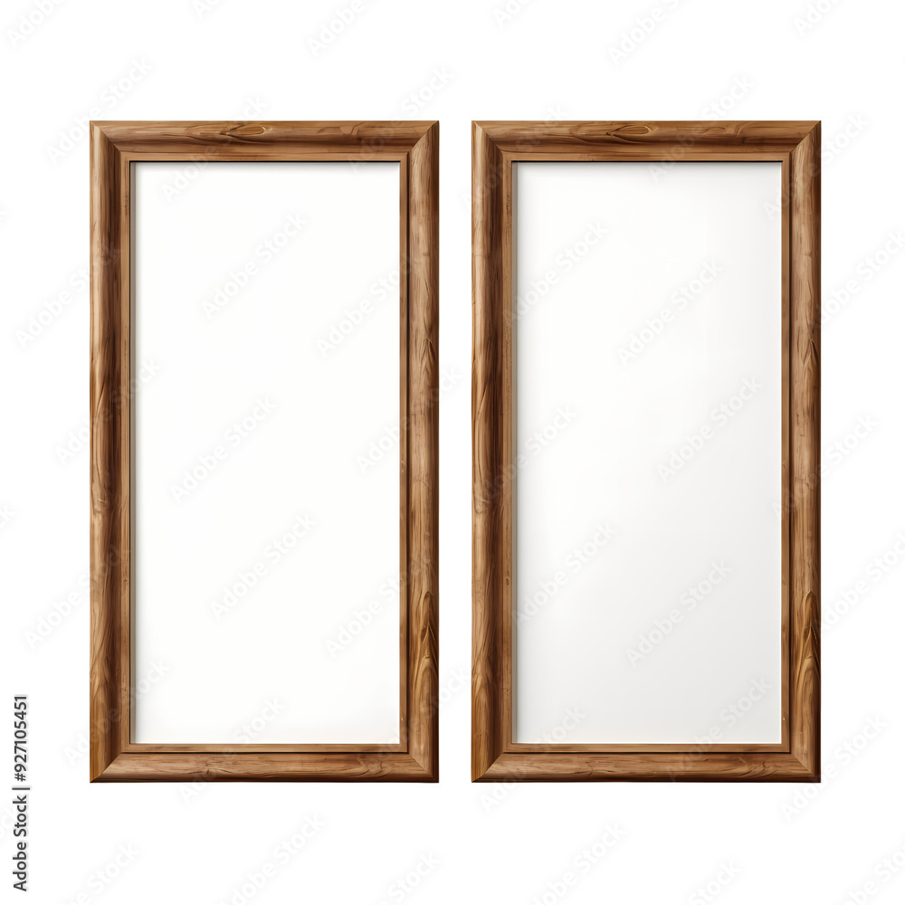 Two empty, wooden picture frames, side by side, are ready to display your artwork or photos. Two empty, wooden picture frames, side by side, are ready to display your artwork or photos.