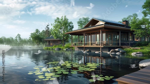 A charming house located by a serene lake, bathed in the bright sunlight of a sunny day, with clear blue skies and reflections shimm Seamless looping 4k time-lapse virtual video animation Generated AI photo