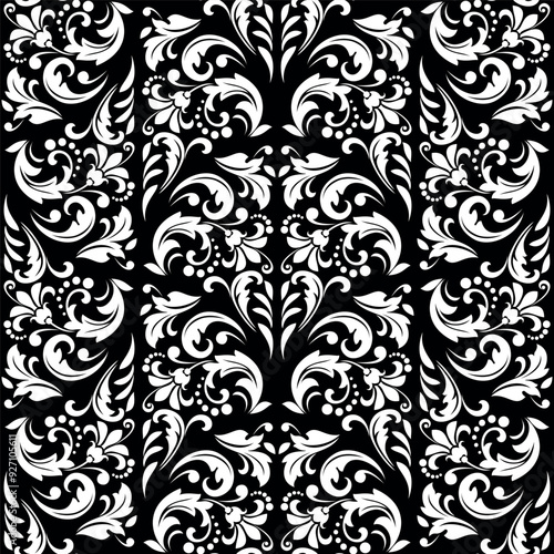 Floral pattern. Vintage wallpaper in the Baroque style. Seamless vector background. White and black ornament for fabric, wallpaper, packaging. Ornate Damask flower ornament.