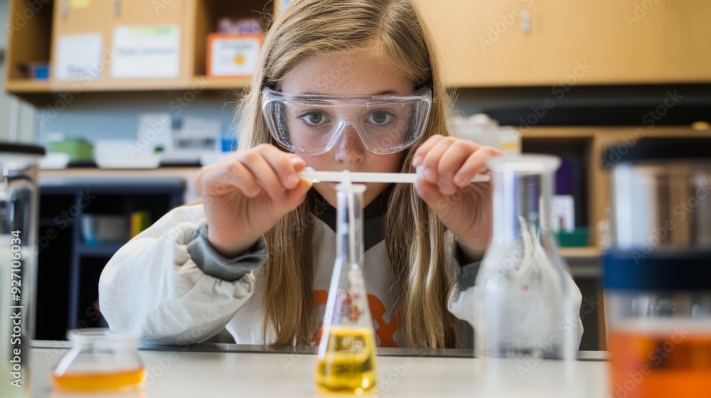 Girl doing a chemistry experiment in science class Girl doing a chemistry experiment in science class