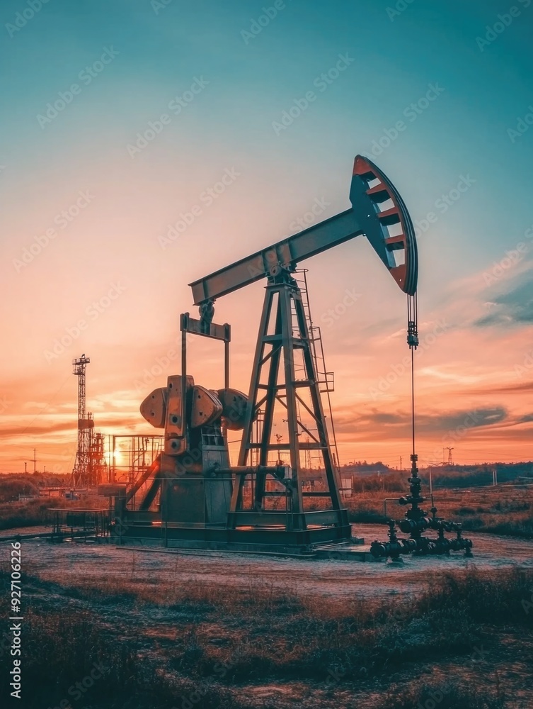 Oil pump in field at sunset Oil pump in field at sunset