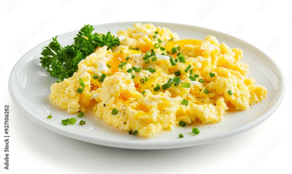 A close-up image of perfectly cooked scrambled eggs served on a white plate, isolated on a clean white background, ideal for breakfast-themed designs, menus, or cooking-related content A close-up image of perfectly cooked scrambled eggs served on a white plate, isolated on a clean white background, ideal for breakfast-themed designs, menus, or cooking-related content