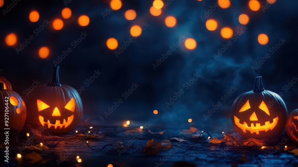 Spooky Halloween night with glowing Jack-o'-lanterns and bokeh lights creating a mysterious atmosphere. Perfect for festive and eerie themes. Spooky Halloween night with glowing Jack-o'-lanterns and bokeh lights creating a mysterious atmosphere. Perfect for festive and eerie themes.