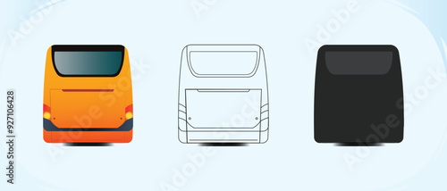 City bus template Passenger transport back view with line art and silhouette