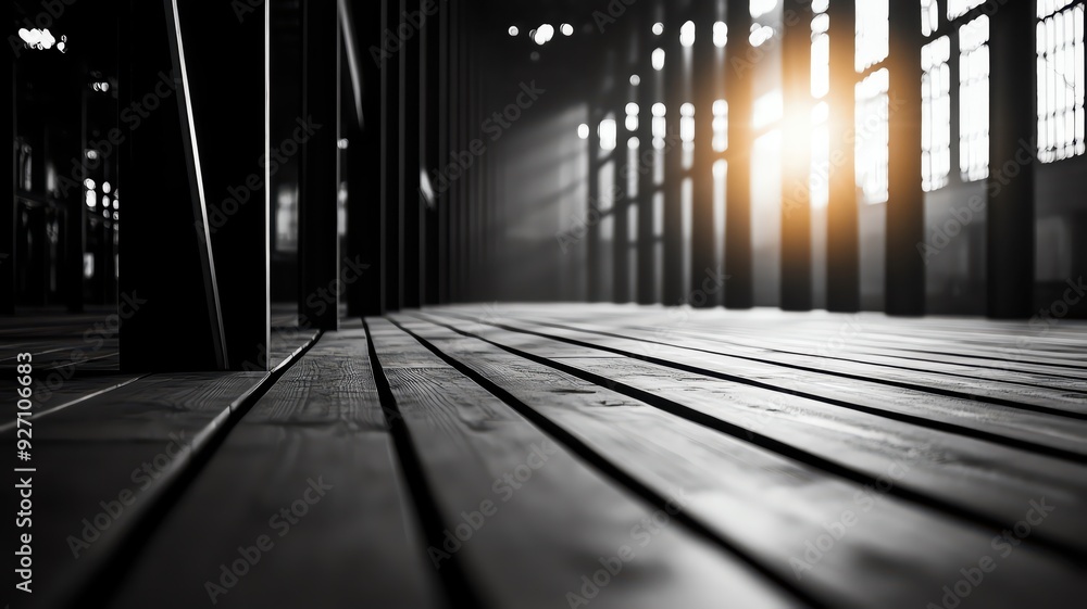 Sunlight streaming through industrial windows onto a wooden floor in an empty, modern warehouse space, creating a serene, abstract atmosphere. Sunlight streaming through industrial windows onto a wooden floor in an empty, modern warehouse space, creating a serene, abstract atmosphere.