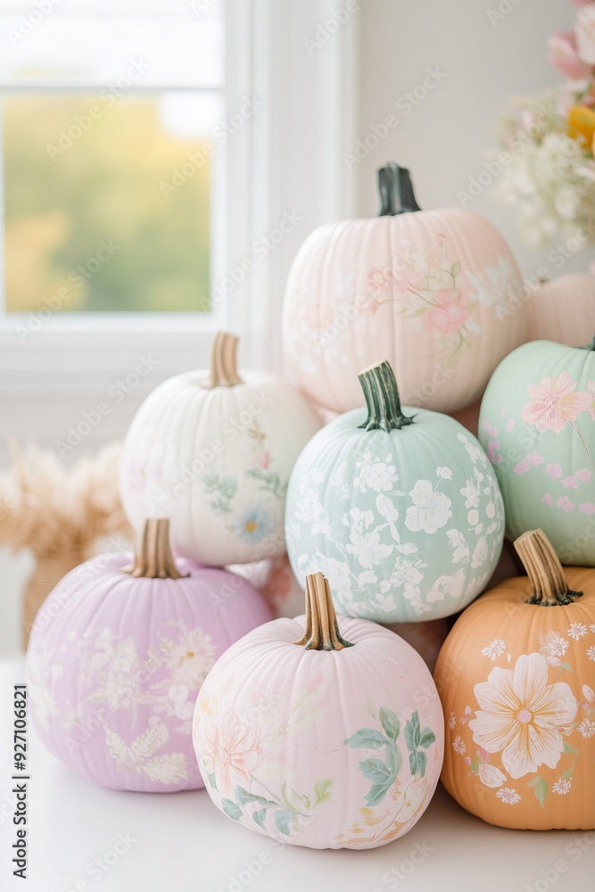 collection of pastel painted pumpkins stacked in a pyramid, each adorned with delicate, hand-painted floral and botanical designs collection of pastel painted pumpkins stacked in a pyramid, each adorned with delicate, hand-painted floral and botanical designs