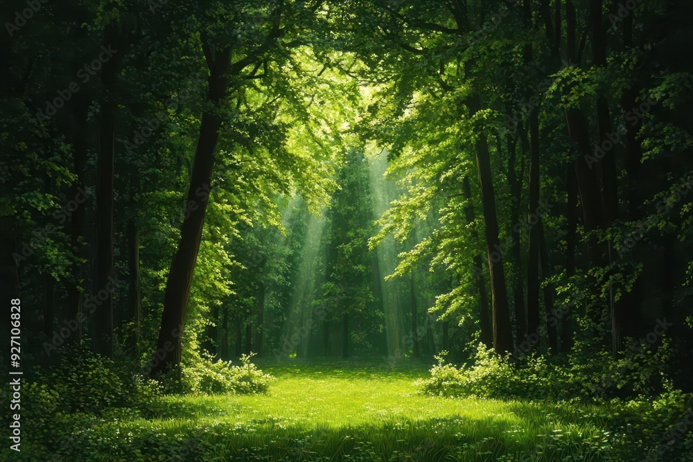 Obraz premium Sunlight streams through the dense forest canopy, illuminating a lush green clearing in the serene woods.