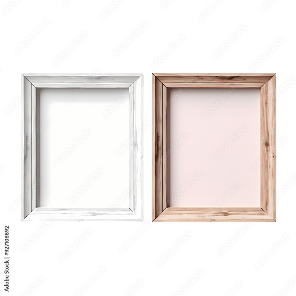 Two empty frames, one with a white finish and the other with a wood finish, ready to be filled with artwork. Two empty frames, one with a white finish and the other with a wood finish, ready to be filled with artwork.