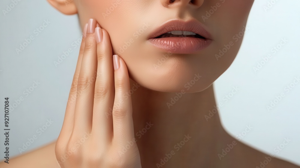 A woman gently touching her face, showcasing soft skin and natural beauty in a serene pose against a light background. A woman gently touching her face, showcasing soft skin and natural beauty in a serene pose against a light background.