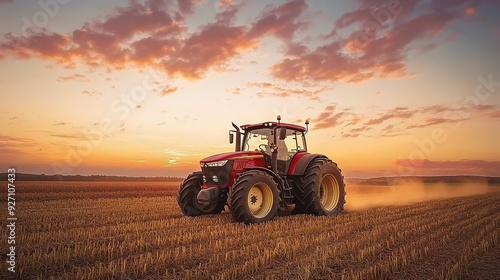 A sizable red tractor is seen working
