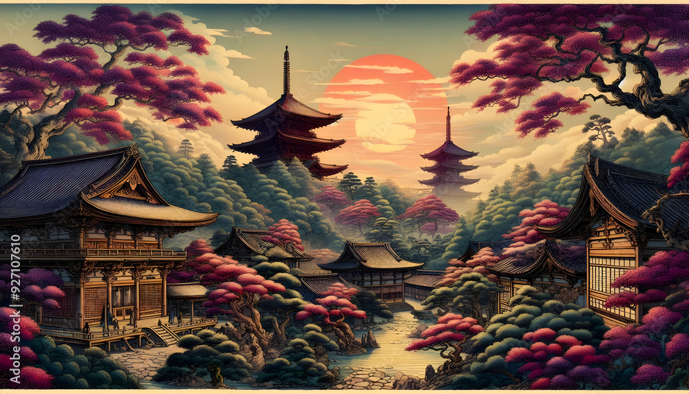 Obraz premium Temple Japanese ukiyo-e style, 