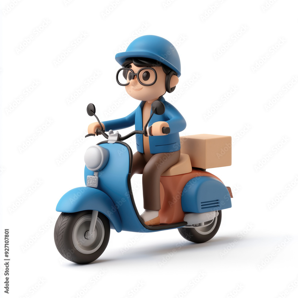 3D cartoon, a male courier with a delivery moto scooter. on a solid white background 3D cartoon, a male courier with a delivery moto scooter. on a solid white background