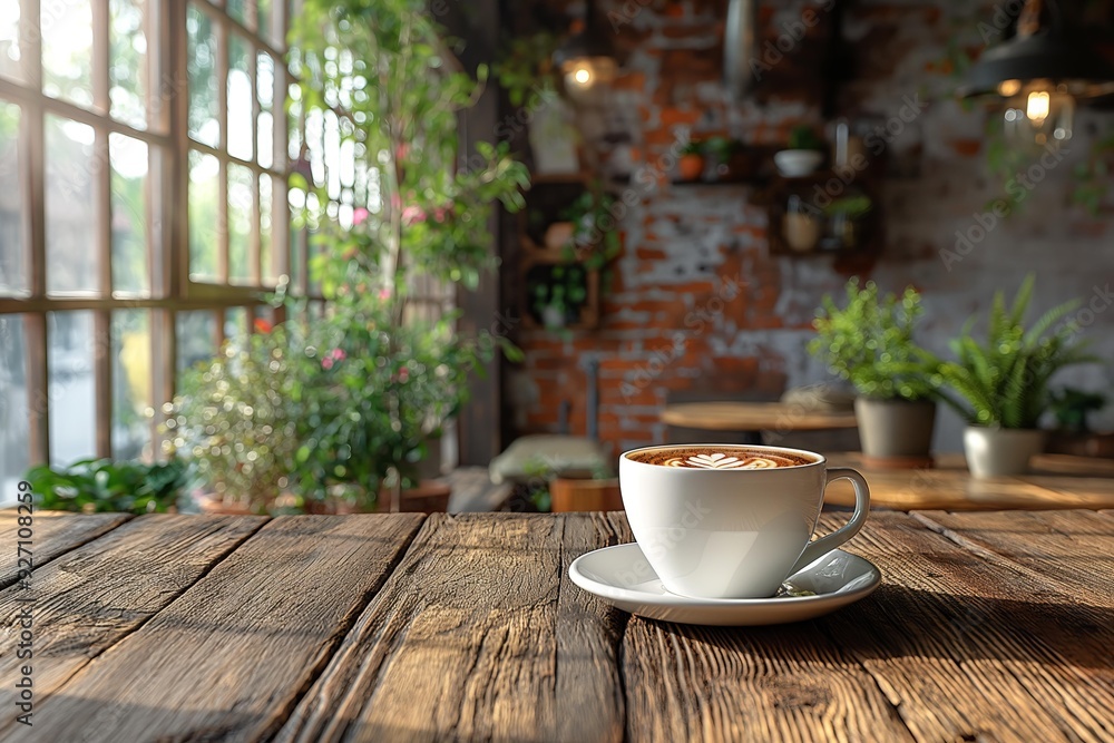 White coffee cup with frothy coffee on wooden table in coffee shop White coffee cup with frothy coffee on wooden table in coffee shop