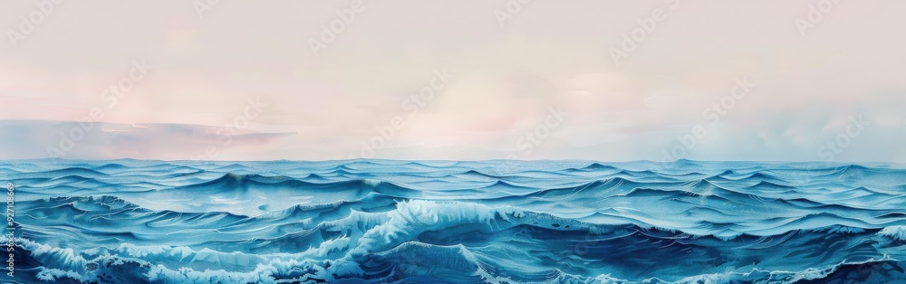 A wide shot of a vast blue ocean with white-capped waves crashing under a cloudy sky. The sky is a soft white and pink, with some wispy clouds visible. The water is a deep blue, with streaks of white A wide shot of a vast blue ocean with white-capped waves crashing under a cloudy sky. The sky is a soft white and pink, with some wispy clouds visible. The water is a deep blue, with streaks of white