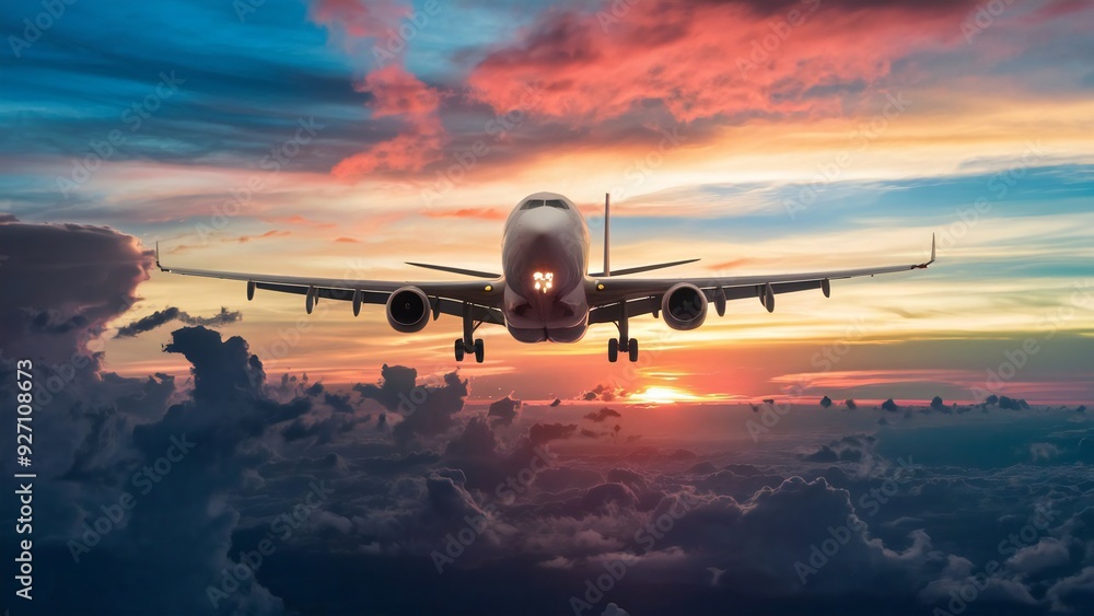Commercial airplane flying above dramatic clouds during sunset. Commercial airplane flying above dramatic clouds during sunset.