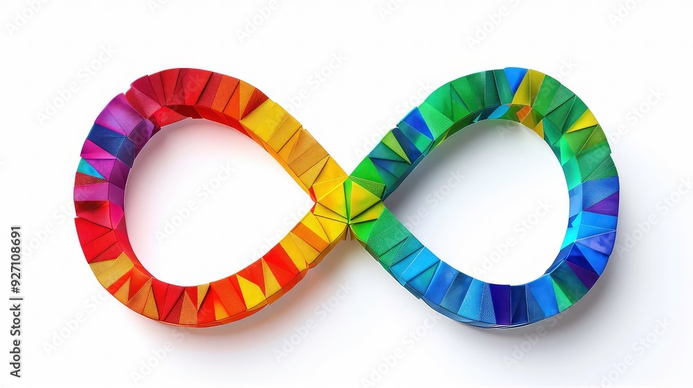 A colorful infinity symbol made from a series of small triangles. The symbol is made up of the colors of the rainbow and is set against a white background. A colorful infinity symbol made from a series of small triangles. The symbol is made up of the colors of the rainbow and is set against a white background.